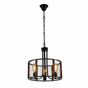 Black Metal Natural Wood Cylinder Cage 3xE27 Pendant Ceiling Light